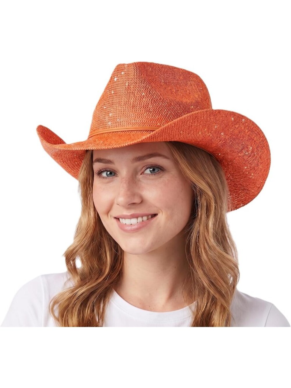 Women's Orange Sparkly Sequin Suede String Trim Party Cowboy Western Hat
